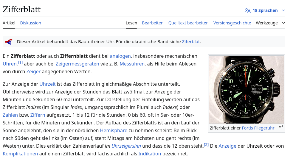 Screenshot der Ziffernblatt Seite auf  Wikipedia